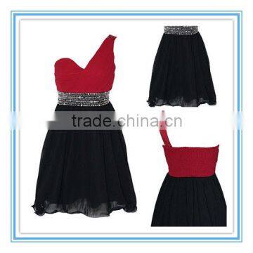 Actual Design Lovely One Shoulder Double Two Colors Black And Red Chiffon Short Beads Bridesmaid Dresses (AC-1008)