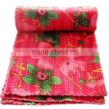 RTHKG-27 Designer Natural Flower Prints Vintage Look Bengali Cotton Kantha Gudari Bedspread Indian Traditional Wholesaler Throws