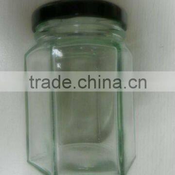 hexagon pickles packing glass container, honey jar