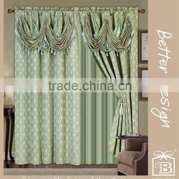 2pcs Polyester jacquard Window Curtain With Valance And Taffeta Backing And Tassels