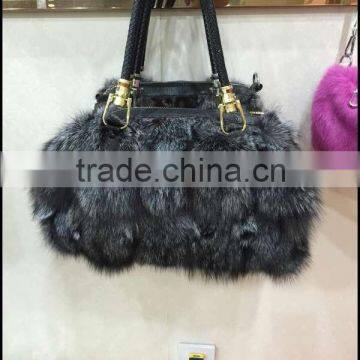 2015 New Arrival Fashion Factory Price Real Silver Fox Fur Lady Handbag