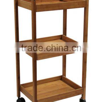 3 tier glossy eco-friendly bamboo storage rack with wheels