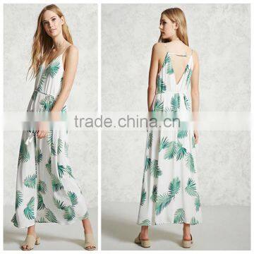 Lady Fashion Adjustable Straps Leaf Print Sleeveless Long Maxi Dress