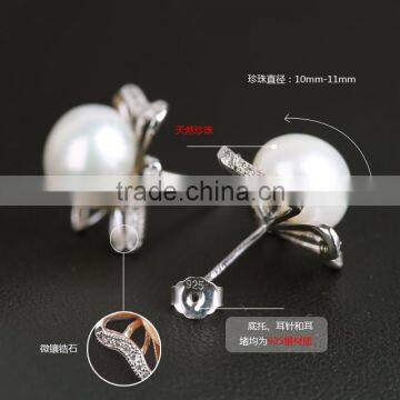 Micropave Elegant Natural Pearl and Zircon Stud Earrings in 925 Sterling Silver photo-2