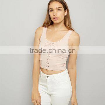 Wide Shoulder Straps Lace up Ribbed Cropped Tank Womens Black Vest Tops photo-4