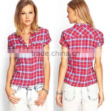 hot selling latest design wholesale short sleeve plaid shirt women fashion plaid shirt