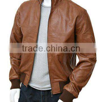 Men's Tan Leather Collar Bomber Jacket