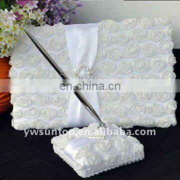 white rose design satin wedding guest book and pen set wholesale