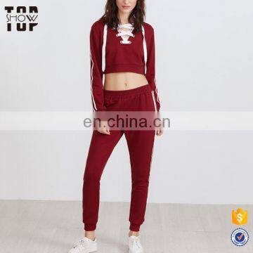 Sport wear factory lace up crop sweatshirts women custom latest design tracksuit set