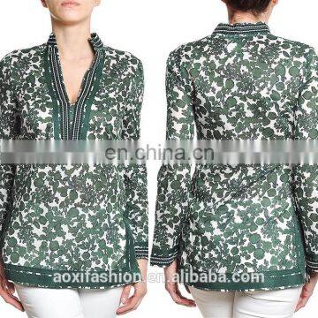 OEM service supply type green printed long sleeve ladies sample cotton blouse