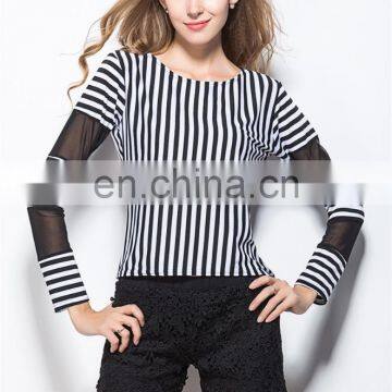 2017 Latest Fashion Women's Tee Shirt Korean Slim Vertical Stripes Stitching Female Blouse Shirt With Mesh Long Sleeve photo-4