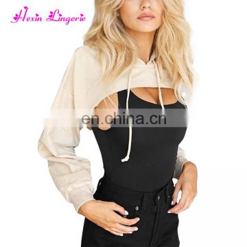 New Design Apricot Loose Hooded Neck Stretchy Latest Ladies Crop Top