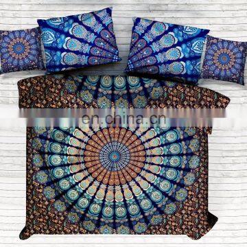 Indian Handmade Mandala Art Duvet Cover With Pillow Cover Queen Size Blue Doon Cover With Cushion Cover