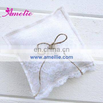 AR6802 White cotton flax ring pillow with lace wedding