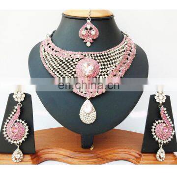 MODISH BOLLYWOOD A.D DESIGNER WEDDING SILVER PLATED NECKLACE EARRINGS TIKA JEWELRY SET