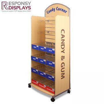 Metal and Wood Candy Food and Snack Chocolate Bars Gum Display Shelf for Supermarket