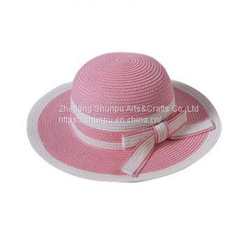 Pink White Lovely Kids Paper Straw Hat With Bow