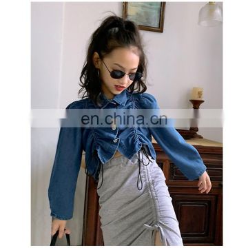 2020 autumn new girls denim jacket western style long-sleeved drawstring shirt cardigan