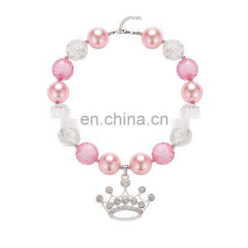 Pink Girl Princess Necklace with Crown Children Chunky Bubblegum Pendant Necklace Jewelry gift