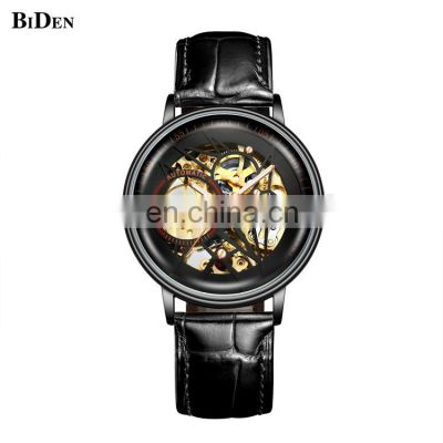 BIDEN 0219 Luxury Men's Leather Exquisite Watches Automatic Mechanical Men Skeleton Charm Watch Reloj