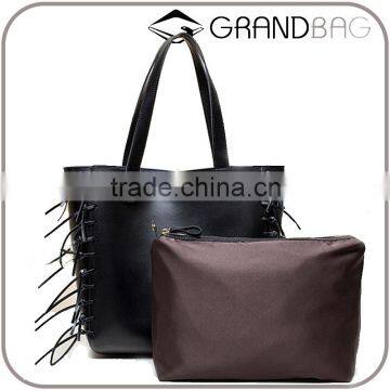genuine leather hand bag fashion handbag design tassel tote bag with small cloth clutch for lady