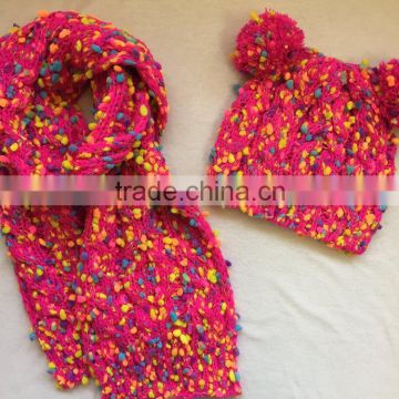 Novelty fancy metallic blended chunky yarn cable knitted beanie hat scarf for girls and ladies