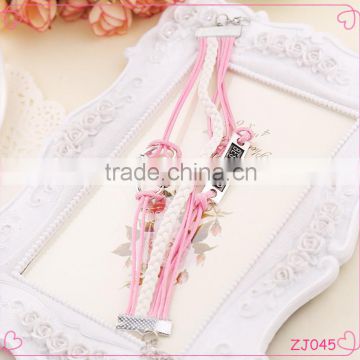 High quality double heart pink and white color braided leather bracelet