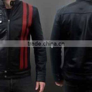 MENS SLIMFIT 100% GENUINE LEATHER BIKER JACKET BLACK & RED COLOR