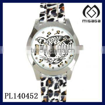 silver case leopard quartz watch silicone band fashion leapard watch for women