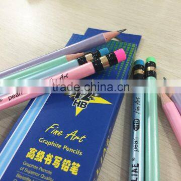 Standard size round shape pearl color coating body soft wood HB pencil sharpened with eraser