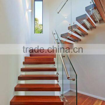 L shape floating stairs with glass railing and stainless steel handrail