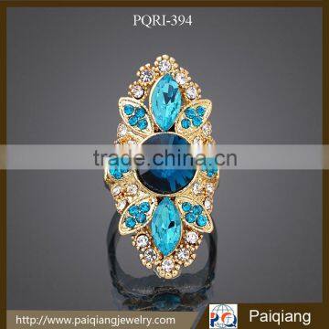 Exaggerated fashionable gold plated colored crystal flower finger ring