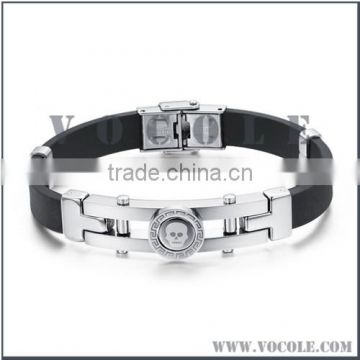 Black genuine leather bangle with silver stainless steel high quality clasp jewelry