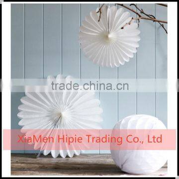 White Tissue paper honeycomb balls and hanging fans for home decoration