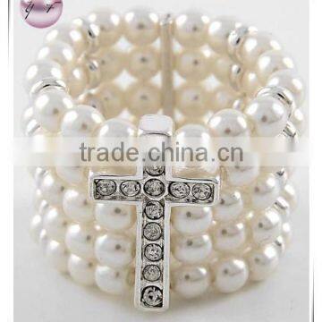 Silver Tone Cream Synthetic Pearl Cross Stretch Ring