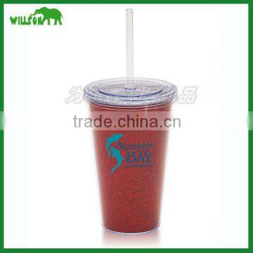 Double Wall Drinking Coffee Plastic Cup With Straw