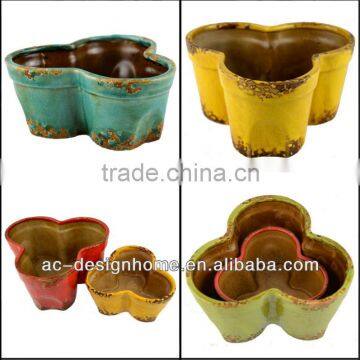 S/2 ROUND TRIPLE CERAMIC PLANTER