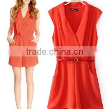 Sexy elegant deep V neck sleeveless red short rompers womens jumpsuit