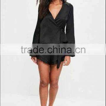 Women V Neck Wrap Pajamas With Private Label Black Long Sleeve Satin Pyjamas Set With Frilled Shorts photo-2