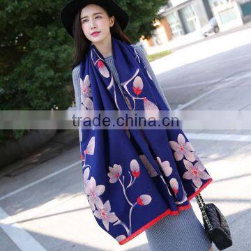 Hot Sale 2017 New Style Young Ladies Scarf Beautiful Pink Lotus Printed Blue Bottom Color Women Mufflers photo-3