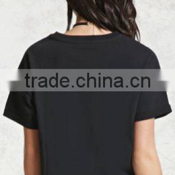 2017 Women Short Sleeve Fashion Cotton Numbers Printed Tshirt Hem Curling OEM Service photo-3