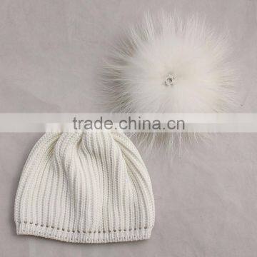 Myfur Kids Hat Pure White Genuine Fur Pom Pom Crochet Winter Knitting Hat