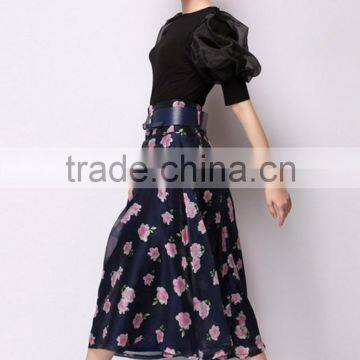 100% Polyester Sweet Floral Midi A-Line Bubble Skirt photo-5