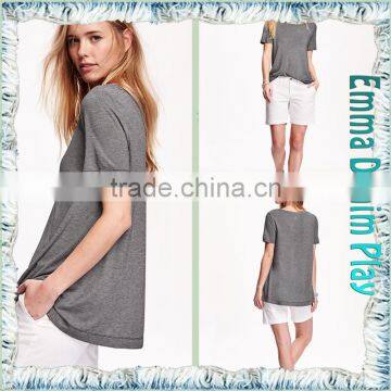 Hot Grey Stretch Soft Fabric Loose Fitness Womens Big Wide Neck Short Sleeve T-Shirts photo-4