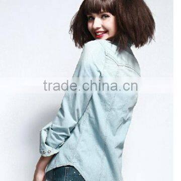 Popular 100% Cotton Washed Denim Cowboy Long Sleeve Shirt for Women photo-2