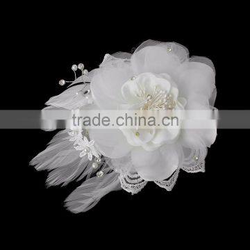 White Feather Clear Rhinestone Gauze Bride Headdress Flower photo-2
