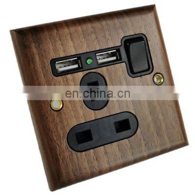 EU/UK standard Wall Socket  peach wood panel 220V 10A,Retro style Socket Panpel with USB