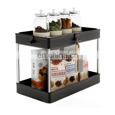 Under Sink Organizer, 2 Tier Bathroom Organizer with 4 Hooks, Multi-purpose Under Sink Storage