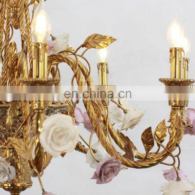 French Luxury Living Room Dining Room Villa Brass Ceramic Flower Romantic Copper Chandelier photo-4