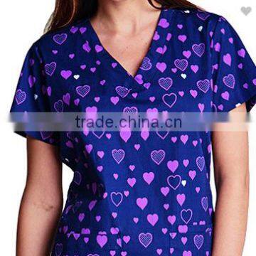 Wholesale OEM Hotsale Fashion Women's Side Panel V-Neck Heart Print Scrub Top/Hospital UniformTop photo-2